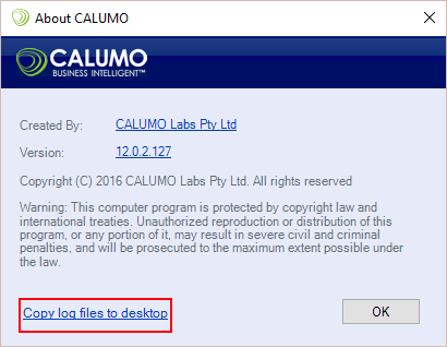About Dialog - Copy Log Files to Desktop